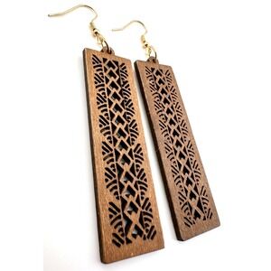 Art Deco Bar Earrings‎ Rectangle Chestnut Brown Stained Wood